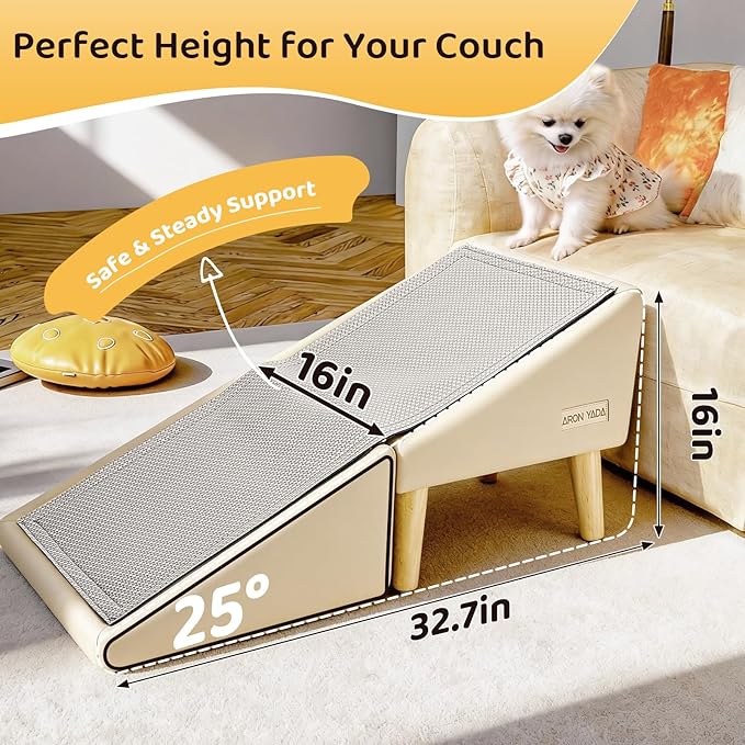 Dog Stairs for Small Dogs and Cats 16" H - with Encrypted Dot-Grip Non-Slip Surface, 2-in-1 Pet Ramp & Steps for Bed/Couch, Foldable Split Ottoman with Solid Wood Frame, Sturdy & Portable for Puppies
