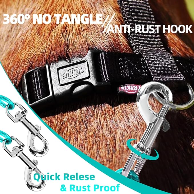 Snagle Paw Dog Tie Out Stake and Run Cable, 10FT Long Lead with Yard Stake, Chains for Outside, Leash Camping & Beach, Tether Medium Large Dogs, Ice Blue