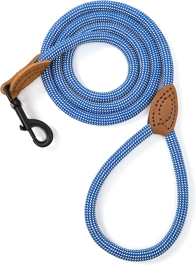 Mile High Life Rope Leash with Genuine Leather Connection, 6 FT/5 FT/4 FT, Heavy Duty Leash for Medium & Large Dogs (Blue White, 48 Inch)