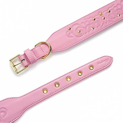 Blueberry Pet Premium Embossed Pink Glam Silver-Powered Freshness Microfiber Leather Dog Collar with Gold Studs