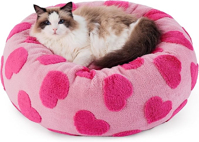 LE SURE Donut Small Dog Bed - Round Cat Beds Indoor Calming Valentine's Day Gift for Pets, Washable Cute Modern Home Decor Beds with Jacquard Shaggy Plush & Anti Slip Bottom, 20 Inch, Lover Hearts