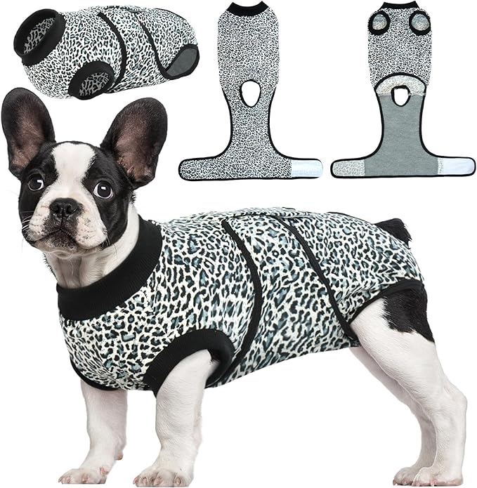 Kuoser Dog Surgery Suit, Comfy Dog Recovery Suit Female Doggie Onesie for Surgery, Post Op Protective Onesie, Soft E-Collar Alternative for Cats & Puppies, BlueLeopard XS