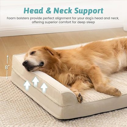 COZY KISS Orthopedic Dog Bed for Extra Large, XXL Dogs Bed, L Shaped Foam Anti-Slip Bottom Giant Pet Cat Sofa with Washable Cover, Suitable for Pet Up to 150 lbs, 48x35x8 inch, Beige ﻿