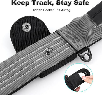 Plutus Pet Tactical Dog Collar with Tracker Pocket for AirTag, Adjustable Reflective Nylon Collar, Metal Buckle, Leather-Wrapped Handle, Soft Padded for Medium Large Dogs (Gray, S)