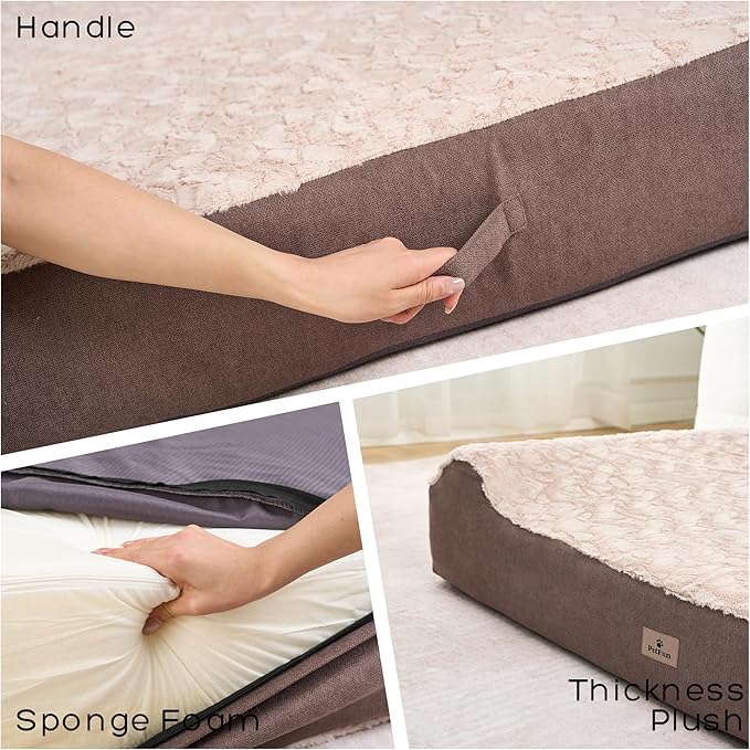 PetFun Jumbo Orthopedic Dog Bed - 7-inch Thick Memory Foam Pet Bed with Pillow Removable Cover Free Waterproof Liner - for Large Dogs (Khaki (Textured Plush), 50''L x 34''W x 10''Th I Extra Large)
