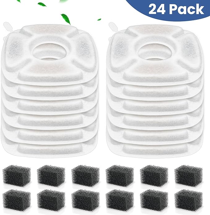 24 Pack Cat Water Fountain Replacement Filters, 12 Pcs Cats Fountain Filters & 12 Pcs Pre-Filter Sponges for 95oz/2.8L 135oz/4L 67oz/2L Automatic Pet Dog Fountain Water Dispenser