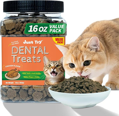 Just Try 16 OZ Dental Health Treats for Cats - Advanced Kelp Clean Teeth & Fresh Breath - Reduce Plaque & Tartar - Chicken Flavored Chews
