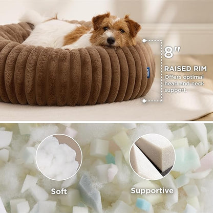 Bedsure ComfyFleece Donut Small Dog Bed - Dog Beds for Small Dogs with Corduroy Fleece & Anti Slip Bottom, Round Faux Fur Pet Beds with Washable Removable Cover, Camel Brown, 27x27x8 inches