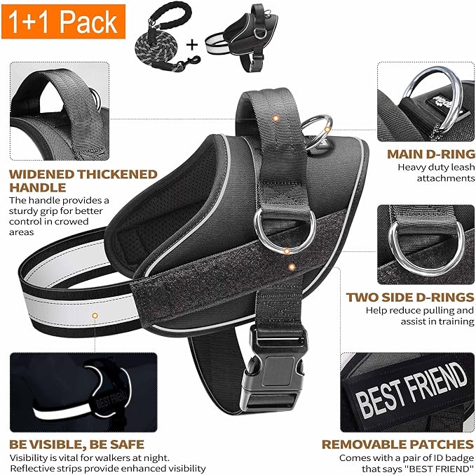 Haapaw Essential Dog Harness, No Pull Pet Vest with 3 Leash Clips, No Choke, Reflective, Adjustable and Padded, for Easy Walking and Training for Large Dogs(L, Black)