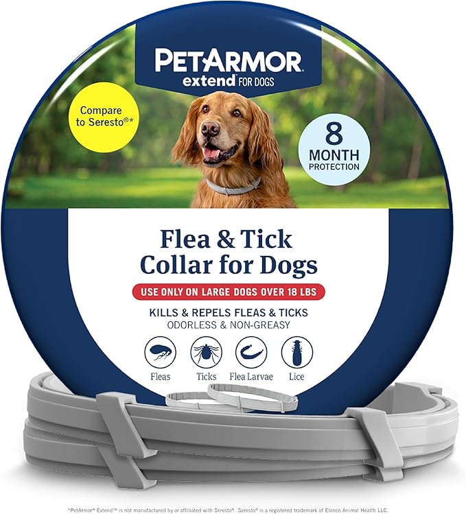 PetArmor Extend Flea & Tick Treatment & Prevention Collar for Large Dogs Above 18 lbs., 8 Months of Protection, Odorless & Non-Greasy, Waterproof, Kills Fleas, Ticks, and Flea Larvae, 2 Count