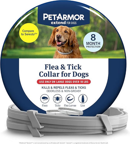 PetArmor Extend Flea & Tick Treatment & Prevention Collar for Large Dogs Above 18 lbs., 8 Months of Protection, Odorless & Non-Greasy, Waterproof, Kills Fleas, Ticks, and Flea Larvae, 2 Count