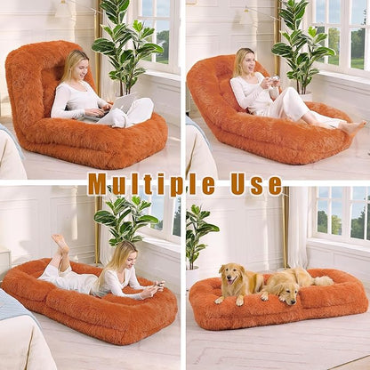 KEIKI 69" Human Dog Bed for Adults, 5-Position Adjustable Convertible Floor Sofa Chair, Human Size Dog Bed for People, Plush Faux Fur Lazy Sofa for Gaming, Meditation & Relaxation, Orange