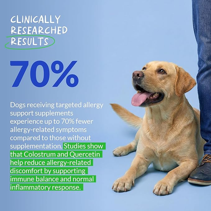 Allergy Support for Dogs - with Vitamin C, Omega 3 and Colostrum - Itch Relief, Allergy Relief for Dogs, Skin Soother - with Probiotics for Immune System Health (90 Soft Chews)