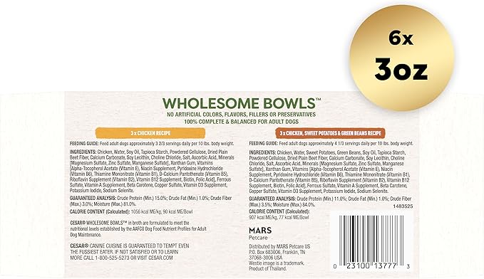 Cesar Wholesome Bowls Adult Wet Dog Food, Chicken Recipe and Chicken, Sweet Potatoes & Green Beans Recipe Variety Pack, Wet Food for Dogs, 3 Oz. Bowls, 6 Count