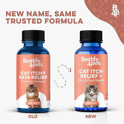 Cat Itchy Skin Relief & Hair Loss Treatment, Holistic Allergy Relief for Cats Calms Dry Skin, Dandruff & Reduces Licking, Scratching, Patchy, Matted and Shedding Fur, 400 Easy to Use Pills