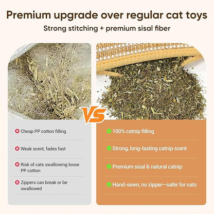 PetZen Garden Sisal Catnip Pillow Toy Kickers, 2 Pack Interactive Catnip Toys with Organic 8000mg Herbal Blend for Indoor Scratching, Chewing & Teething, Fun for Kittens and Adult Cats