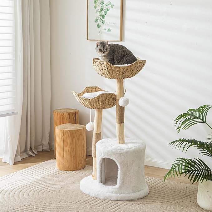 PISARRY Cat Tree Tower, 46 inch Modern Cat Tree for Indoor Cats Large Adult, Luxury Cat Condo with Scratching Post, Real Solid Wood Branch Indoor Boho Furniture, Climbing Tower, White