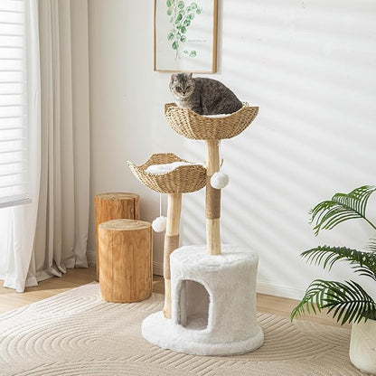 PISARRY Cat Tree Tower, 46 inch Modern Cat Tree for Indoor Cats Large Adult, Luxury Cat Condo with Scratching Post, Real Solid Wood Branch Indoor Boho Furniture, Climbing Tower, White