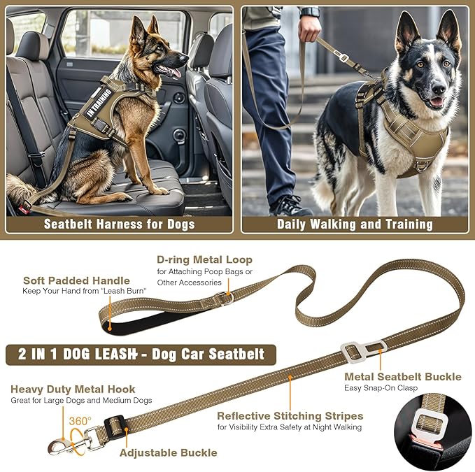 MOOGROU Tactical Dog Harness and Leash Set for Large Dogs,Heavy Duty No Pull Service Dog Vest and 10 Patches with Dog Seat Belt,Reflective Adjustable Pet Harness for Training Walking Hiking Brown L