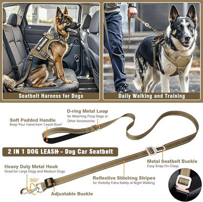 MOOGROU Tactical Dog Harness and Leash Set for Large Dogs,Heavy Duty No Pull Service Dog Vest and 10 Patches with Dog Seat Belt,Reflective Adjustable Pet Harness for Training Walking Hiking Brown L