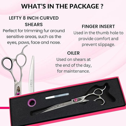 Kenchii Love Left Handed Dog Grooming Scissors, 8 Inch Curved Shears, Dog Scissors for Grooming, Professional Pet Grooming Scissors, Ergonomic & Comfortable