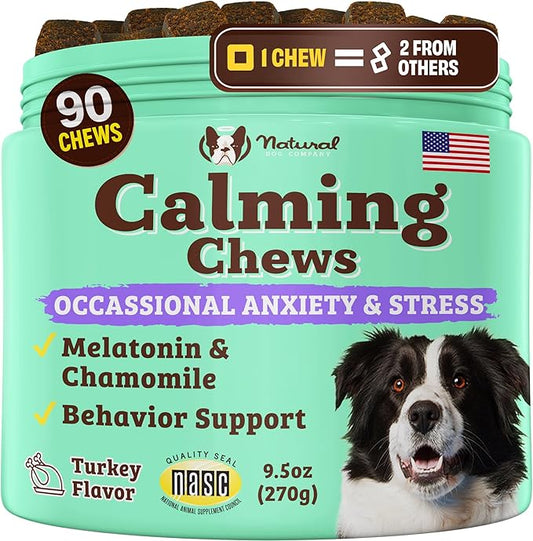 Natural Dog Company Calming Chews for Dogs, Stress & Anxiety Relief Supplement with Chamomile, Valerian Root & Melatonin, Natural Soothing Chews for Travel, Thunder, Fireworks & Separation (90 cnt)