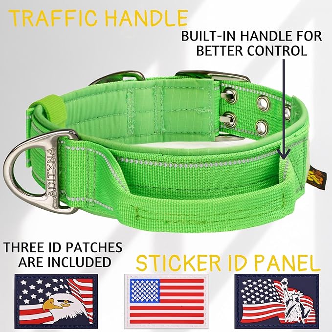 ADITYNA Heavy Duty Dog Collar for Extra-Large Dogs - Reflective Green Collar with Handle for Training, and Walking - Wide, Thick, Tactical, Soft Neoprene Padded