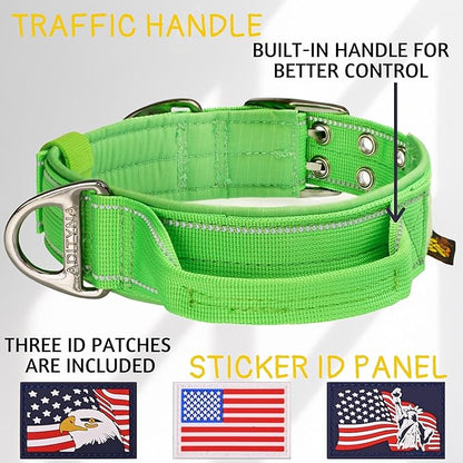 ADITYNA Heavy Duty Dog Collar for Extra-Large Dogs - Reflective Green Collar with Handle for Training, and Walking - Wide, Thick, Tactical, Soft Neoprene Padded