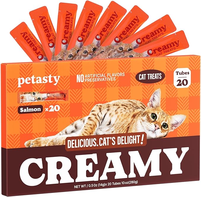 PETASTY Squeeze Up Stick High Protein Lickable Cat Treats, 20 Count Grain-Free Salmon Soft Creamy Puree with Vitamin E, Omega-3 Wet Cat Treat, Skin Coat Care for Daily Interactive Training Reward