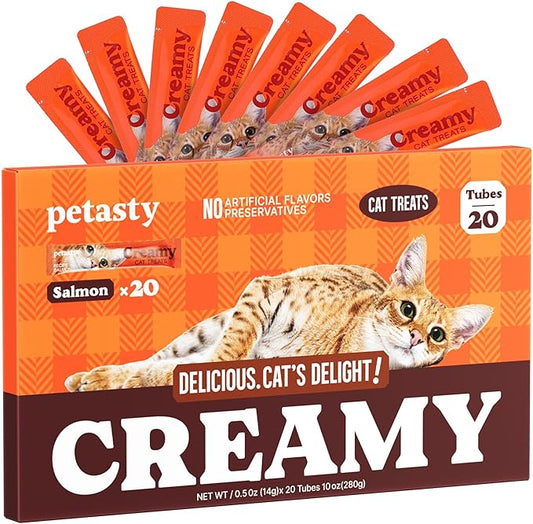 PETASTY Squeeze Up Stick High Protein Lickable Cat Treats, 20 Count Grain-Free Salmon Soft Creamy Puree with Vitamin E, Omega-3 Wet Cat Treat, Skin Coat Care for Daily Interactive Training Reward