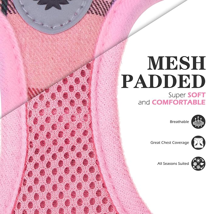 EXPAWLORER Classic Plaid Puppy Harness - Small Dog Harness and Leash Set - Dog Collar and Leash Set with AirTag Holder, Soft Padded Step in Dog Vest Harness No Pull Reflective for Outdoor, Pink XXS