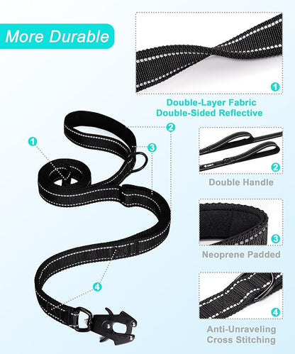 GEIT 4/5/6FT Heavy Duty Dog Leash with 2 Comfortable Padded Handles, Reflective Rope Leashes with Quick Release/Locking Tactical Frog Clip for Small Medium and Large Dogs, Black