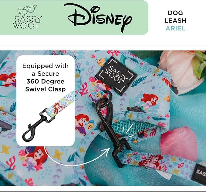 Sassy Woof Disney Princess Little Mermaid Ariel Dog Leash 60-Inch with Neoprene Padded Handle - Comfortable, Durable, and Stylish for Small to Large Dogs - Officially Licensed