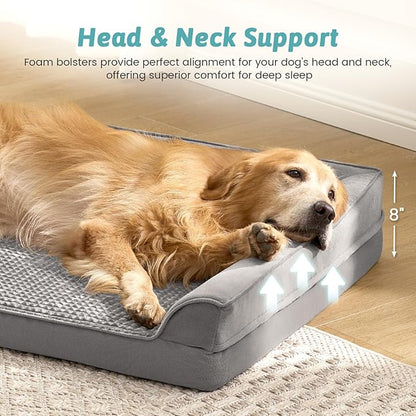 COZY KISS Dog Beds for Extra Large Dog, XXL Bolster Pet Couch with Waterproof Lining, Egg Crate Foam Sofa for Pets Up to 150 lbs, U-Shaped, 48x35x8 inch, Grey