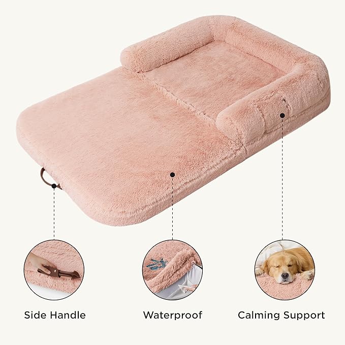 Bedsure Foldable Human Dog Bed for People Adults, 2 in 1 Calming Human Size Giant Dog Bed Fits Pet Families with Egg Foam Supportive Mat and Waterproof Liner, Faux Fur Orthopedic Pet Sofa, Pink