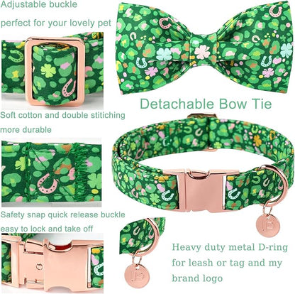 St. Patrick's Day Dog Collar with Bow Tie, Cotton St. Patrick's Day Bowtie Collar for Girl Boy Dog, Lucky Shamrock Dogs Collars with Metal Buckle, Spring, L, Neck 16-24in