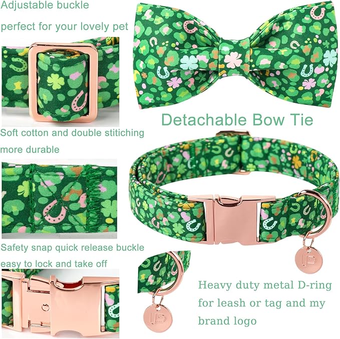 St. Patrick's Day Dog Collar with Bow Tie, Spring Shamrock Bowtie Collar for Girl Boy Dog, Lucky Clover Dogs Collars with Metal Buckle, Green Collars for Dogs, M, Neck 13.5-22in