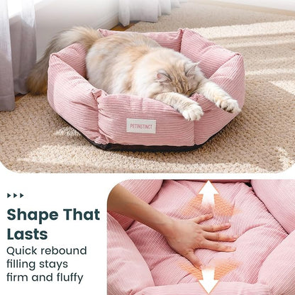 Petinstinct Cat Bed, 22 Inch Washable Corduroy Cat and Small Dog Bed with Removable Cover & Anti-Slip Bottom, Calming Comfort Pet Bed for Pets up to 15 lbs (Pink)