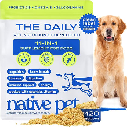 Native Pet Dog Vitamins & Supplements - 11-in-1 Multivitamin Powder for Dogs Food Topper - Collagen, Glucosamine, Probiotics, Omega & More- Supports Healthy Gut, Mobility & Overall Health -120 Scoops
