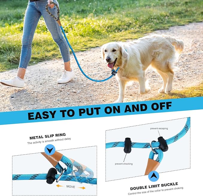 lynxking Slip Lead Dog Leash Reflective, Heavy Duty Comfortable Strong Rope Leash for Large Medium Small Dogs No Pull Training (Light Blue, Large 1/2in x 6ft-Slip Lead)