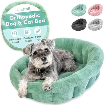 KindTail Medium Orthopedic Dog and Cat Bed - Faux Fur Luxury Cuddler for Pets Under 25lbs, Comfortable Waterproof Material with Nylon Base - 25" x 21" x 12" (Light Green, Medium)