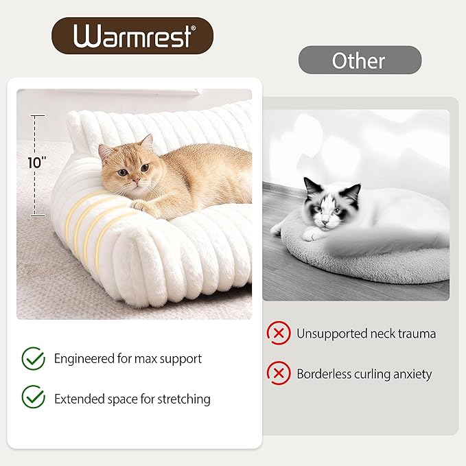 Warmrest Cat Couch for Pets, Cute Cat Bed with Cozy Soft Faux Rabbit Fur for Kitten, Fuzzy Cats Sofa for Indoor Cats, Supportive Pet Sofa with Removable Washable Cover, Cream, 24"