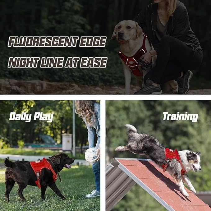 AUROTH Tactical Dog Harness for Large Dogs No Pull Adjustable Pet Harness Reflective K9 Working Training Easy Control Pet Vest Military Service Dog Harnesses Red L