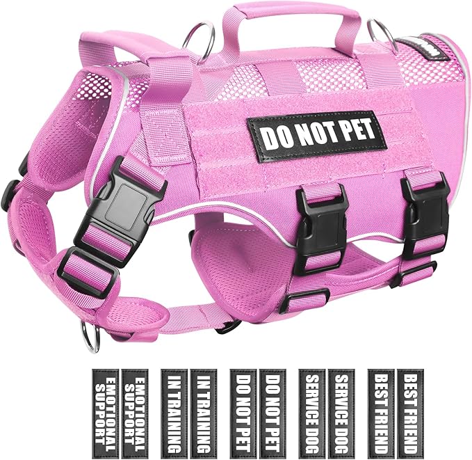 WINSEE Mesh Dog Harness with 10 Pet Patches for Small Service Dog in Training, Breathable Tactical Molle Vest with Double Handle, Reflective Military Pet Vest for Walking Hiking