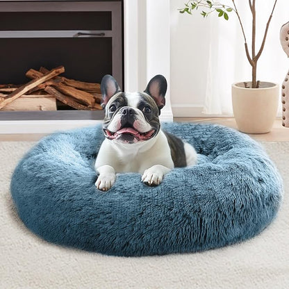 JOLLYVOGUE Calming Dog Bed Medium Size Dog, Anti-Anxiety Donut Medium Pet Bed, 27 inches Fluffy Faux Fur Round Cat Bed (Blue)