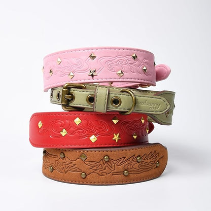 Blueberry Pet Premium Embossed Pink Glam Silver-Powered Freshness Microfiber Leather Dog Collar with Gold Studs