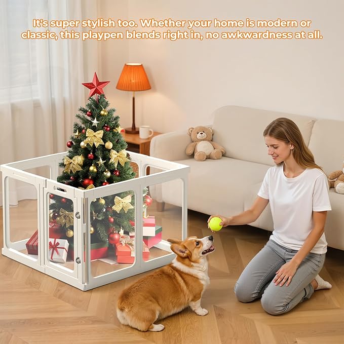 Jatindear 23.6“ H Clear Acrylic Plastic Dog Playpen, 8Pcs Lightweight & Easy Assemble Playpen Divider, Durable Safety Play Pen Indoors, Puppy, Cat, Small Animal(White)
