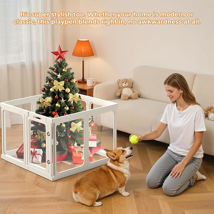 Jatindear 23.6“ H Clear Acrylic Plastic Dog Playpen, 8Pcs Lightweight & Easy Assemble Playpen Divider, Durable Safety Play Pen Indoors, Puppy, Cat, Small Animal(White)