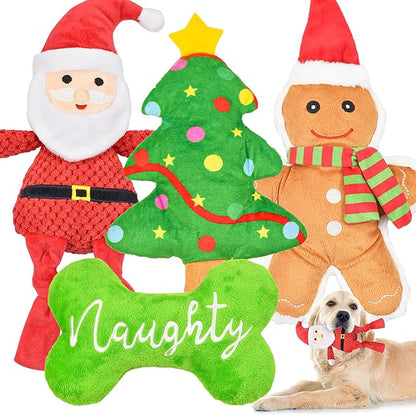 LECHONG Christmas Dog Toys, 4pcs Stuffed Dog Squeaky Toys for Teething and Chewing, Tough Xmas Gift Toy Bundle Santa Toys for Small Large Dogs Puppy