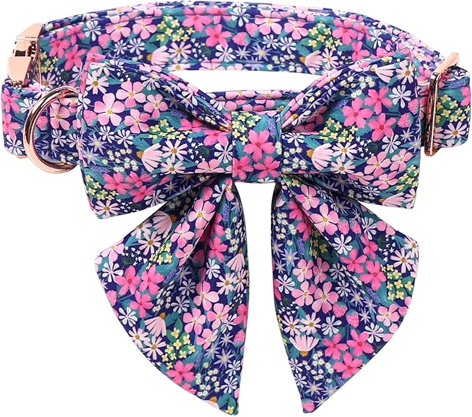 Lionet Paws Floral Dog Collar with Sailor Bow, Spring Wildflowers Daisy Fleabane Dog Collar Bow Tie for Puppies, XS, Neck 8-12 inches